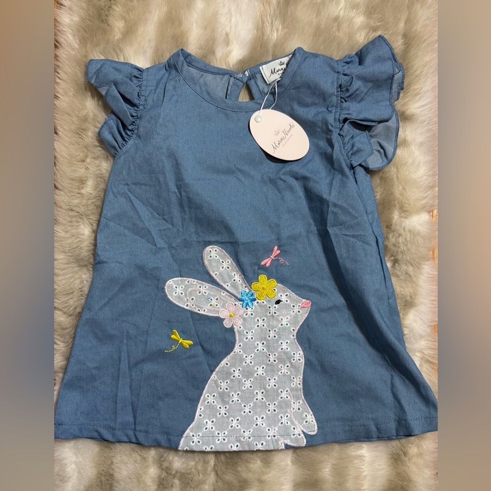 NWT Boutique Marie Nicole Chambray Tunic Embroidered Eyelet Bunny Size 4